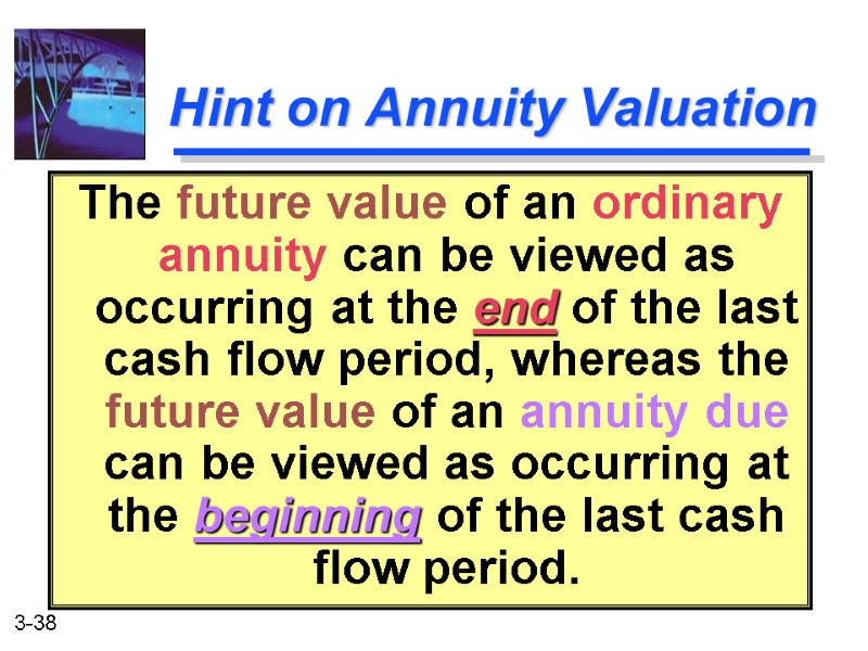 Hint on Annuity Valuation The future value of an ordinary annuity can be viewed